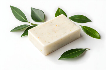 Natural exfoliating soap bar with green leaves on white background