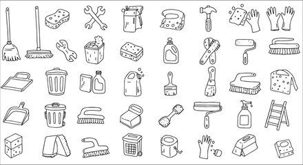 Detailed hand-drawn vector collection of essential cleaning supplies, household equipment, and repair tools for home maintenance and daily chores.