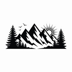 Obraz premium Silhouette Mountain Landscape with Trees and Birds at Sunset