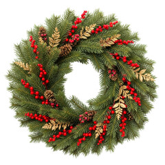 Festive green christmas wreath with red and gold accents isolated on transparent background