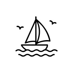 Minimalist line art sailboat on wavy water with two seagulls ocean