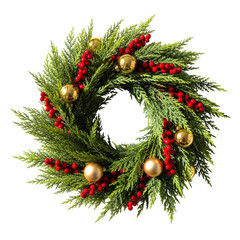 Festive green christmas wreath with gold ornaments and red berries isolated on transparent background