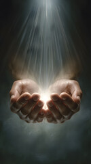 Glowing Light in Cupped Hands Dark Background