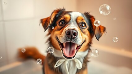 Playful dog surrounded by floating soap bubbles in a warm, joyful bathtub setting.