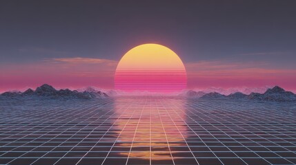 80's style sunrise over ocean with horizon and grid background