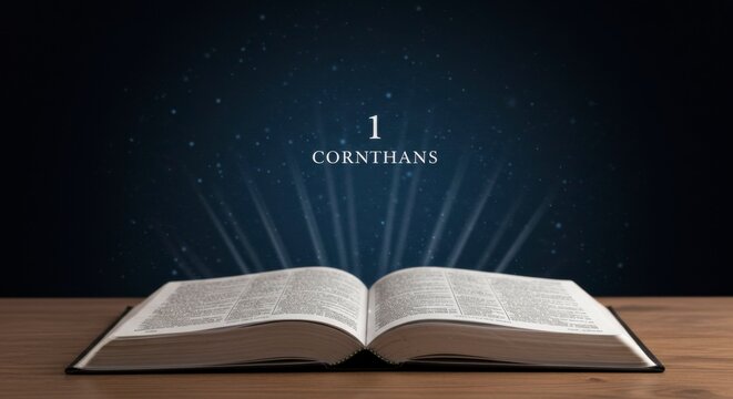 An open book on a wooden surface with a celestial blue background. "1 Corinthians" displayed above it