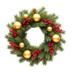 Festive christmas wreath with golden ornaments and red berries isolated on transparent background