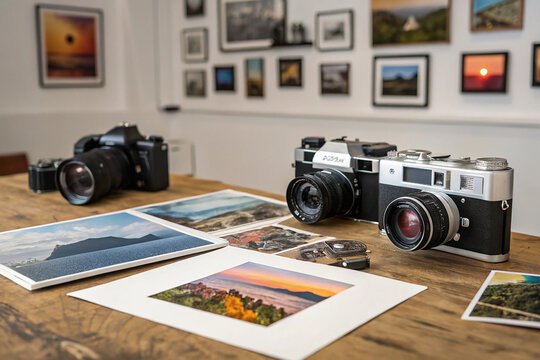 photography Vintage film cameras and printed landscape photos displayed on a rustic wooden table, capturing the timeless beauty of photography and creative expression