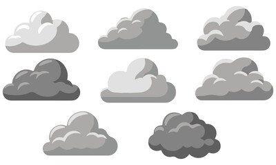 Diverse Cloud Formations Vector Set: Collection of Stylized Weather Clouds Including Cumulus, Stratus, Nimbus, and Rain Clouds for Meteorology, Design, and Educational Use.