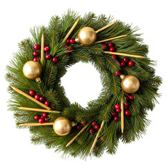 Festive christmas wreath with golden ornaments and red berries isolated on transparent background