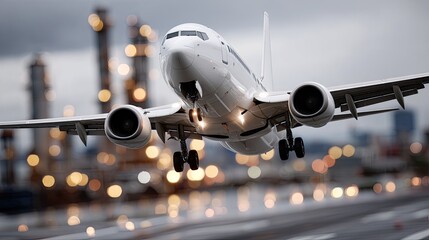 An airplane takes off against a backdrop of glowing industrial lights at sunset, showcasing detailed features and vibrant colors