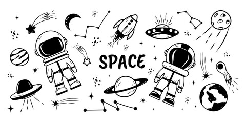 A set of hand-drawn space elements in a doodle style. Stars, constellations, a rocket, planets, comets, and astronauts. Vector design. © Alyona 
