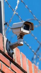 Security Camera Mounted on Brick Wall with Barbed Wire Fence