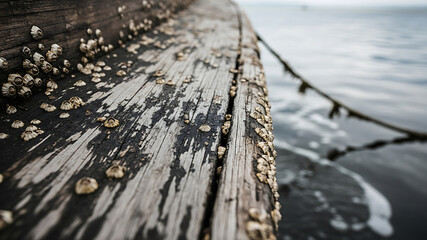 Weathered Barnacle-Covered Wood: Coastal Texture and Serene Seascape.