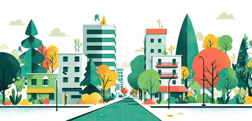 Colorful city street scene with buildings and trees