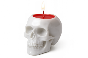 Glowing red candle nestled within white skull-shaped holder, dark halloween aesthetic against transparent backdrop