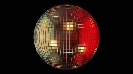 Red and gold retro disco ball spinning on black looping 3d animation. - Powered by Adobe