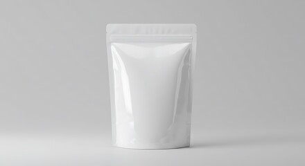 A blank white glossy stand-up pouch with a zip seal, presented as a product packaging mockup against a light grey background.