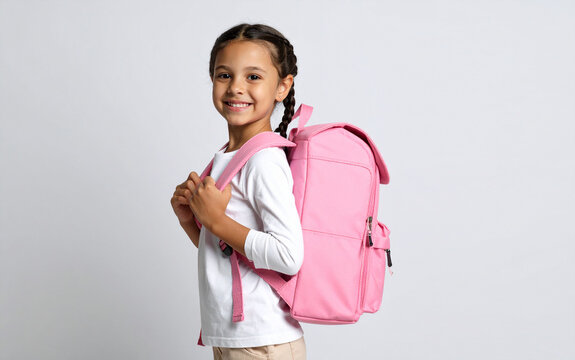 vuelta al cole de una ni&ntilde;a sonriente y feliz con una mochila rosa sobre un fondo blanco