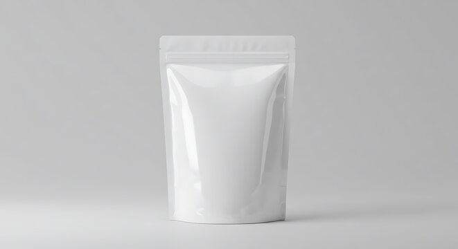 A blank white glossy stand-up pouch with a zip seal, presented as a product packaging mockup against a light grey background.