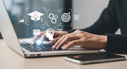 Person using laptop, online education concept,  professional business,  goal achievement,  modern technology,  strategic planning,  digital learning.