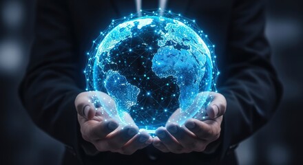 Global Network Connection: Businessman's Hands Holding Futuristic Illuminated Earth Globe, Digital Technology Concept