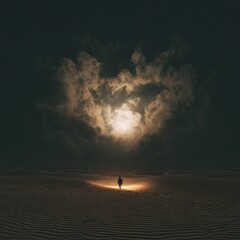 A solitary figure in a sandy desert under a luminous sky