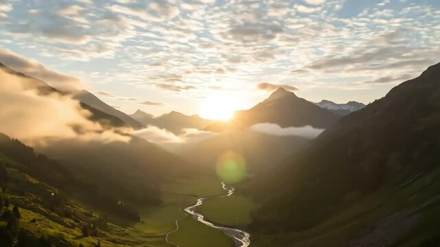 Sunrise timelapse over a mountain valley with moving clouds and golden light.