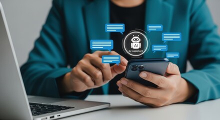 Modern businesswoman using AI assistant app on smartphone, efficient communication, teal blazer, technology concept.