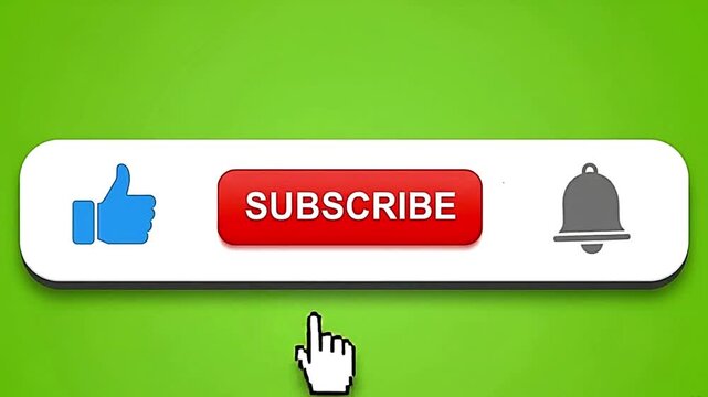 A youtube subscribe reminder with like button bell icon and hand cursor on a green background image