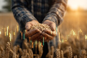 Farmer holds wheat with overlaid stock chart
