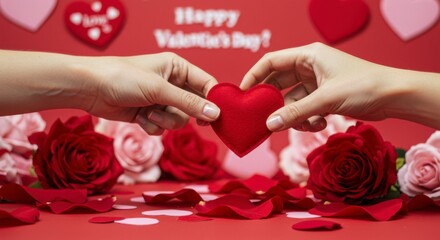 Hands holding heart-shaped gift amidst roses