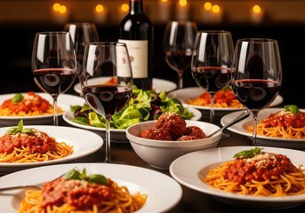 Italian dinner with spaghetti meatballs and red wine image