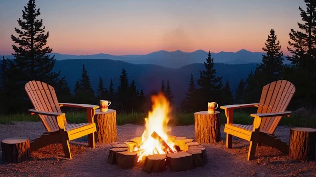 empty wooden adirondack chairs around campfire in mountain forest dusk video