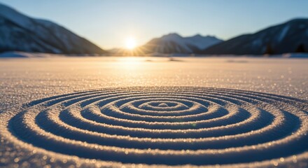 Serene winter sunset landscape: concentric snow circles in golden light, peaceful mountain backdrop.