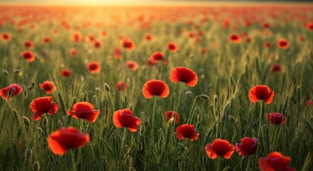 Field of red poppies bathed in golden sunlight, evoking peace and natural beauty