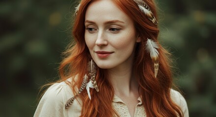 Redhead woman with feather headband