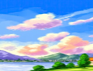 Fototapeta premium Watercolor-style landscape painting of a serene lake scene with mountains, fluffy clouds, and a vibrant sky