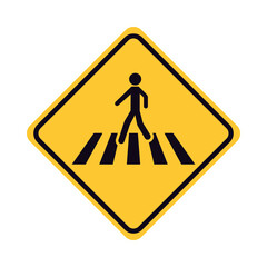 Pedestrian crossing warning sign icon. Yellow diamond-shaped traffic symbol with a figure walking on a crosswalk for road safety