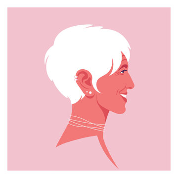 Profile of an elderly smiling woman. Side view. Portrait of a happy grandmother. Vector flat illustration