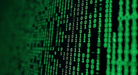 Green digital code cascading down a dark screen, representing data flow and digital information.
