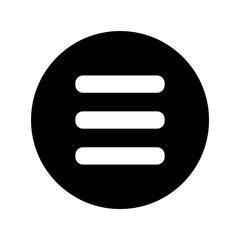 A minimalist hamburger menu icon featuring three white horizontal lines within a black circle, a universal symbol for app navigation.