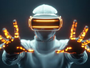 engineer chemical simulation Concept. Futuristic figure in VR headset with glowing hands reaching forward.