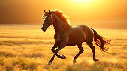 A majestic horse gallops across a golden field, its mane catching the warm glow of sunset light.