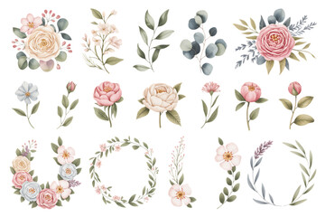 Watercolor floral elements set with roses peonies eucalyptus and lavender image