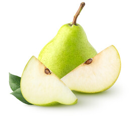 Whole and two pieces of green pears isolated on white background