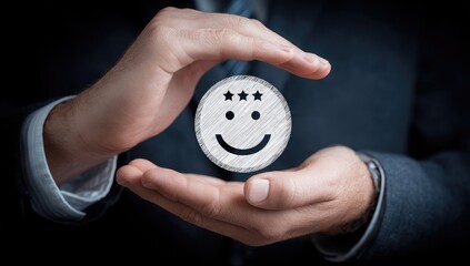Business hands protect a smiling face icon