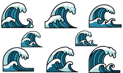Obraz premium Blue Ocean Wave Vector Set: Collection of Sea and Water Curl Illustrations 