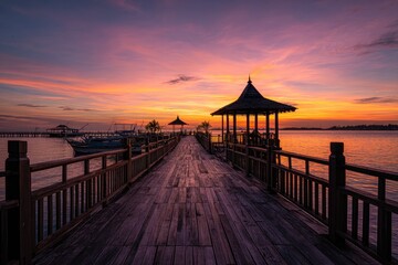 Wooden boardwalk at sunset over calm water