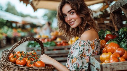Vintage farmers market beautiful lady examining ripe tomatoes in wooden crates wearing bohemian floral top with warm natural lighting